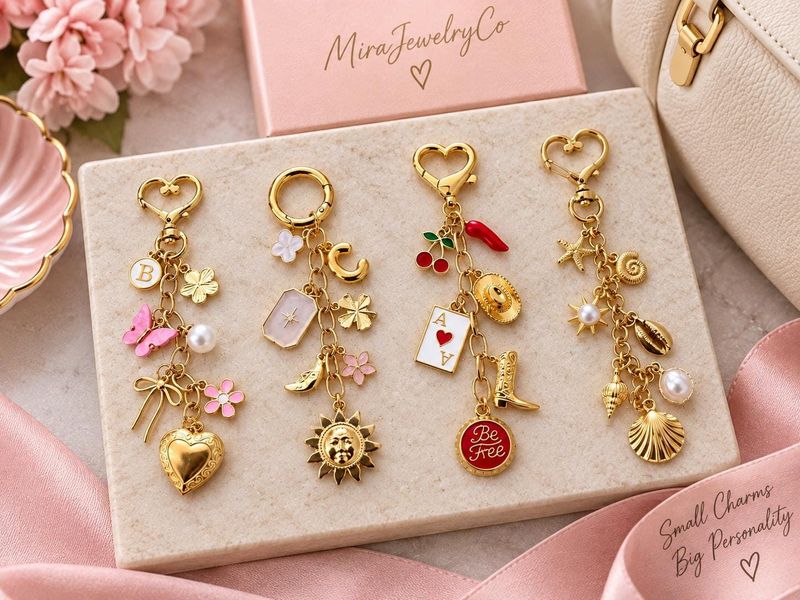 Four gold bag charms displayed on a MiraJewelryCo board with pink ribbon
