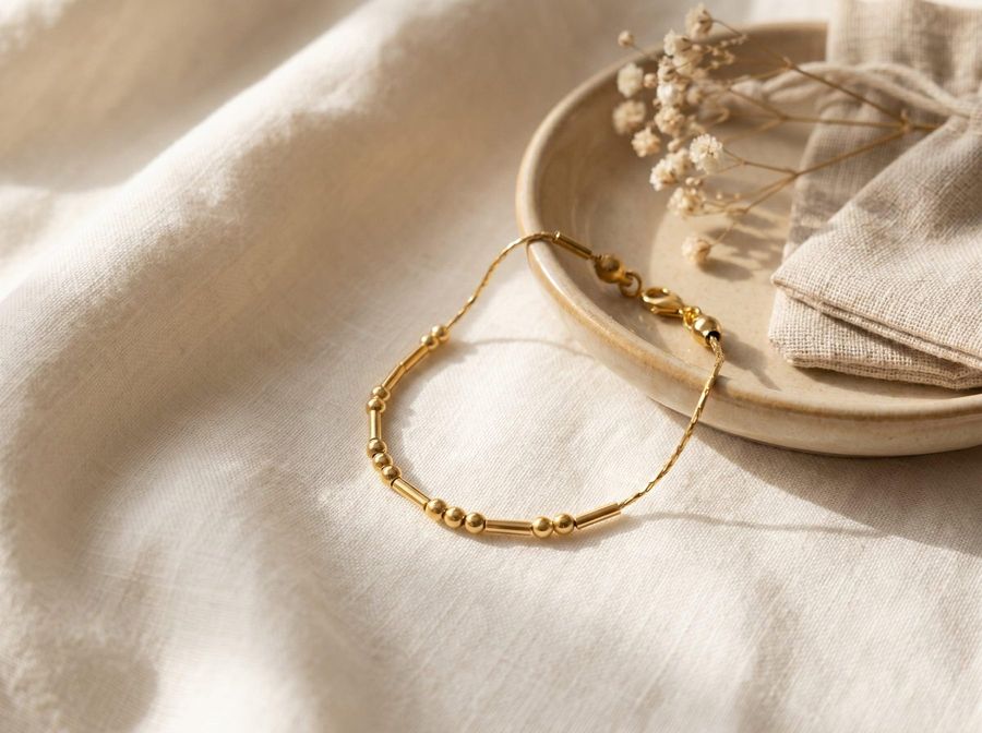 Gold Morse code bracelet resting on linen beside a small dish
