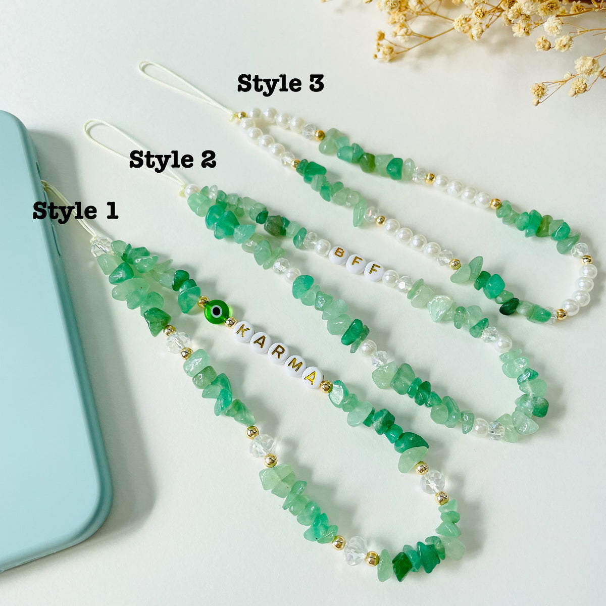 Personalized green pearl phone charm