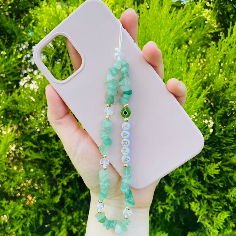 Personalized green pearl phone charm