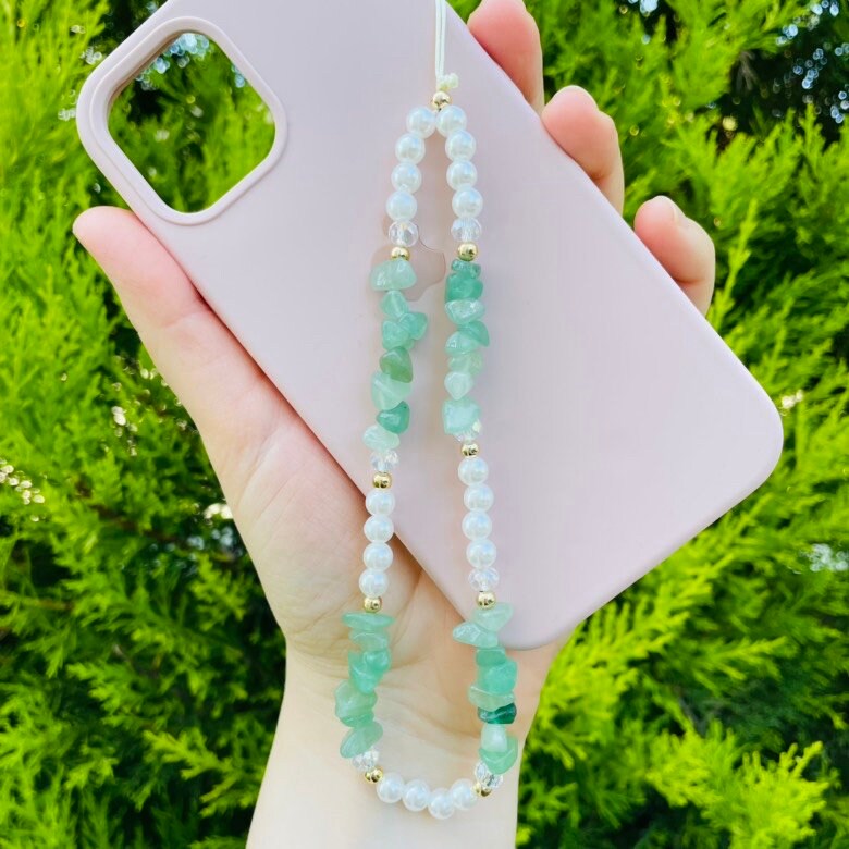 Personalized green pearl phone charm
