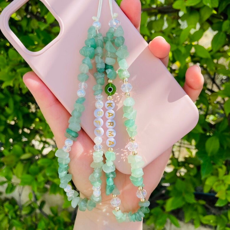 Personalized green pearl phone charm