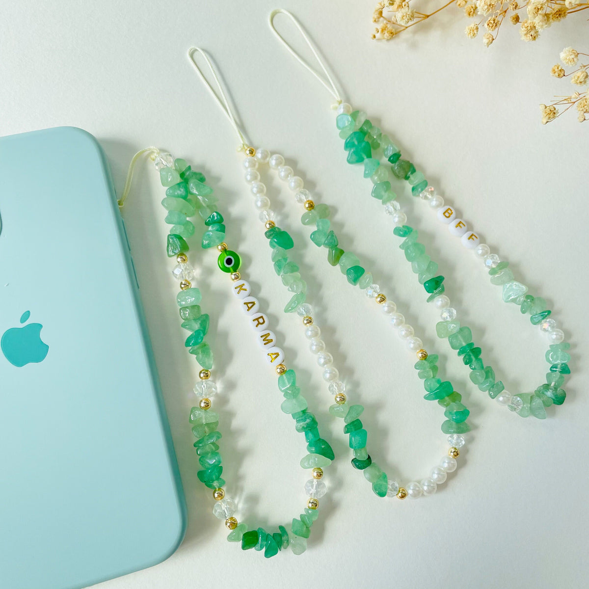 Personalized green pearl phone charm