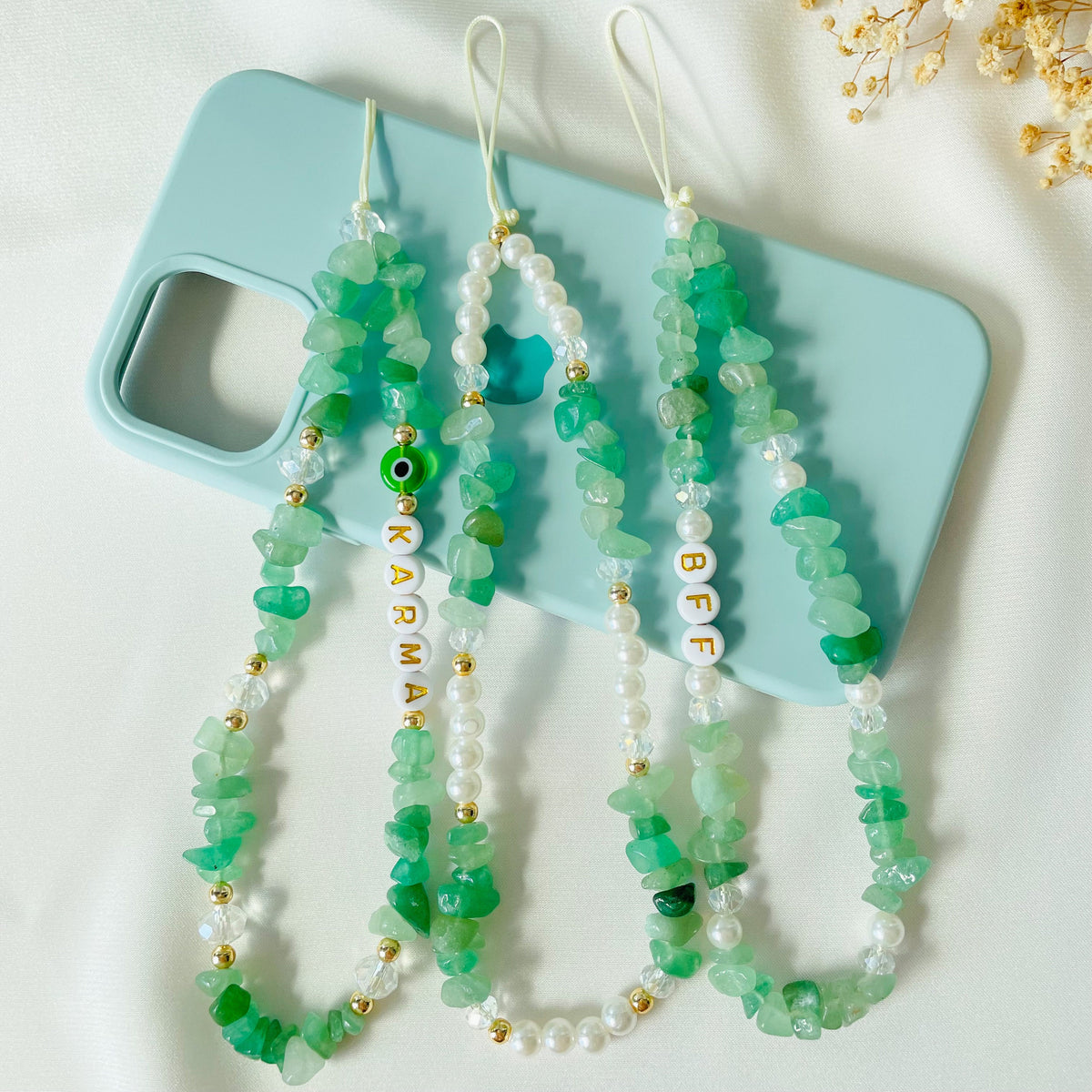 Personalized green pearl phone charm