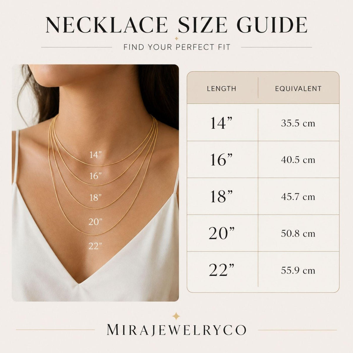 Necklace length guide showing 14, 16, 18, 20 and 22 inches worn on a model
