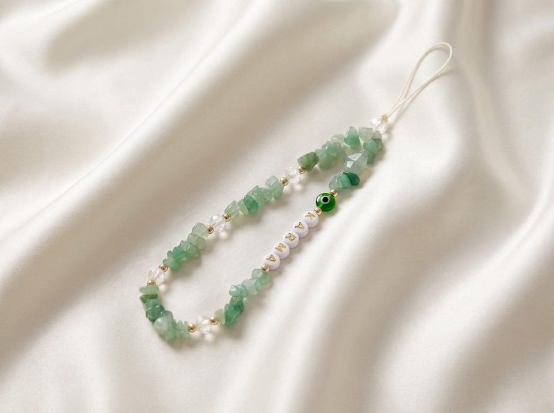 Green aventurine and pearl phone charm on silk